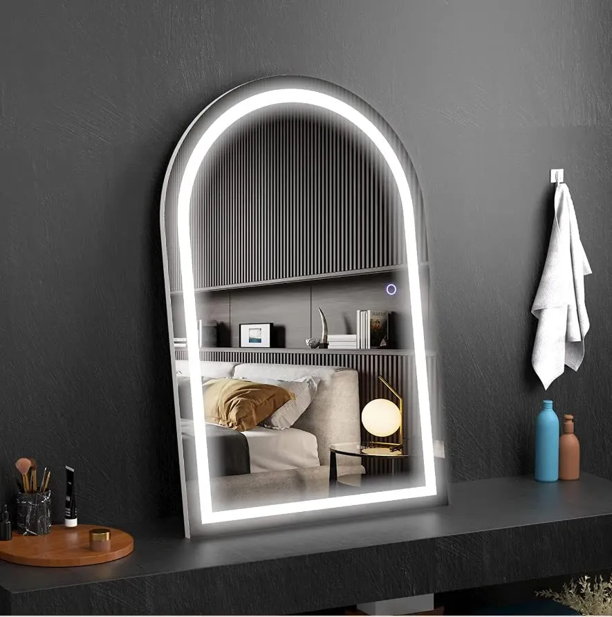 VENETIAN IMAGE White Arched Mirror Full Length, Full Body Mirror with Led Lights Standing Floor Length Mirror, Free Stand Up Tall Mirror, Wall Mounted Lighted Mirror for Bedroom (63" x 22")